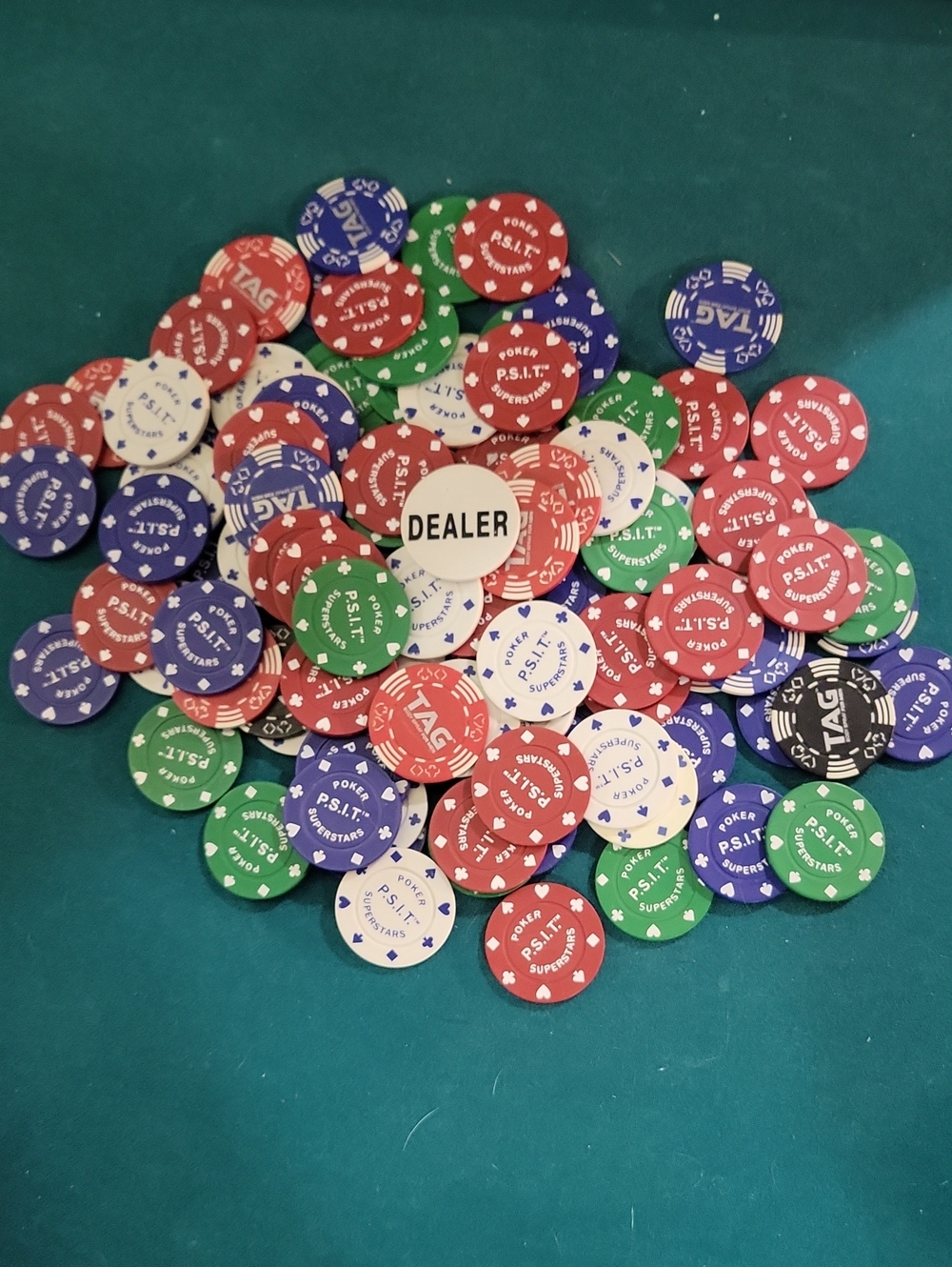 Assorted Poker Chips with Dealer Button - Red, Green, Blue, White